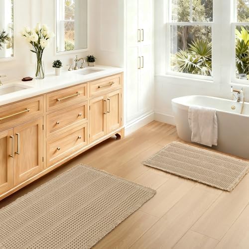 JIUZHEN Set of 2 Waffle Bath Mats Boho Bath Rugs 16x24&20x32, Strip-Brown