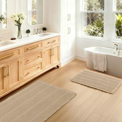 JIUZHEN Set of 2 Waffle Bath Mats Boho Bath Rugs 16x24&20x32, Strip-Brown