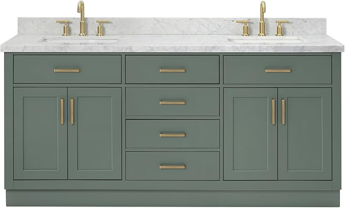 Isabella 72-inch Vintage Green Bathroom Vanity with Left & Right Rectangle Double Sinks, Italian Carrara Marble Countertop & Backsplash, Solid Wood Frame, Soft-Closing & Dovetail Drawers