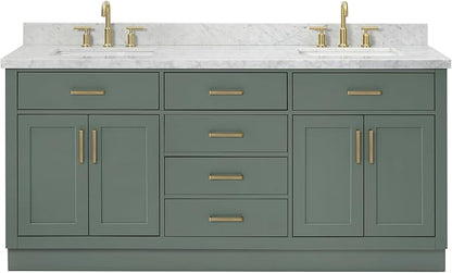 Isabella 72-inch Vintage Green Bathroom Vanity with Left & Right Rectangle Double Sinks, Italian Carrara Marble Countertop & Backsplash, Solid Wood Frame, Soft-Closing & Dovetail Drawers