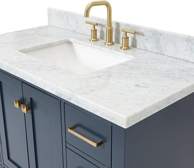 ARIEL Cambridge 42-inch Bathroom Vanity with Sink,Solid Wood, 1.5-inch Italian Carrara Marble Countertop, Single Rectangular Porcelain Sink, 2 Soft Closing Doors, 9 Dovetail Drawers, Midnight Blue