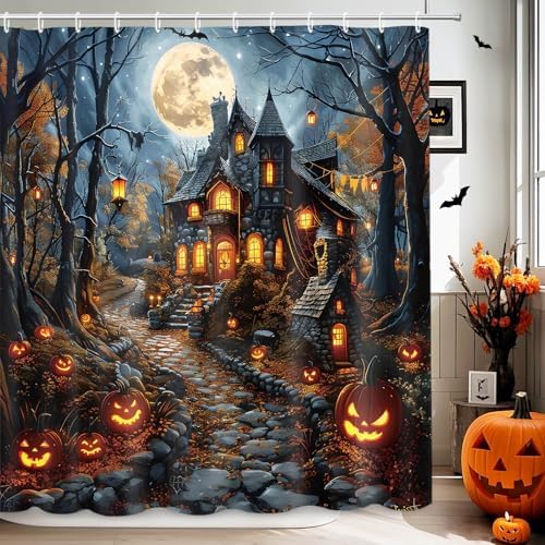 MEHOFOND Halloween Evil Pumpkin Shower Curtain Moon Night Bath Curtain