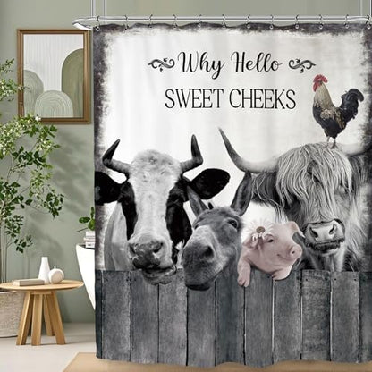 Farmhouse Animal Farm Funny Shower Curtain 72Wx72L Inch Bull Cow Pig Donkey Rustic Country Bathroom Set Accessories Decor Polyester Waterproof with 12 Pack Hooks