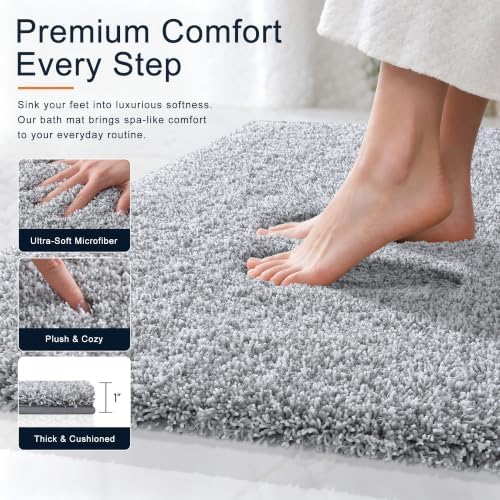 OLANLY Microfiber Bathroom Rugs 44x24, Quick Dry Bath Mat, Grey and White