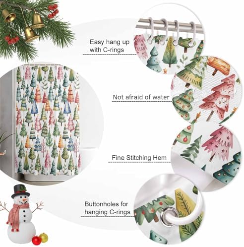 Christmas Tree Shower Curtain Bathroom Set Star Xmas Pine Trees Waterproof Shower Curtains with Grommets Hooks Colorful Cartoon Style Privacy Bath Curtain for Bathtub Decor 60x72in