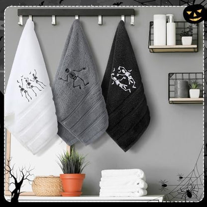 FuWeave 3 Pcs Black White Halloween Skeleton Hand Towels for Bathroom