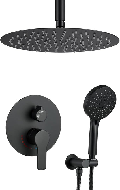 Matte Black Shower System With 12 Inches Rainfall Head and Handheld Set, High Pressure Faucet With Brass Valve for Bathroom Ceiling Mounted Fixture