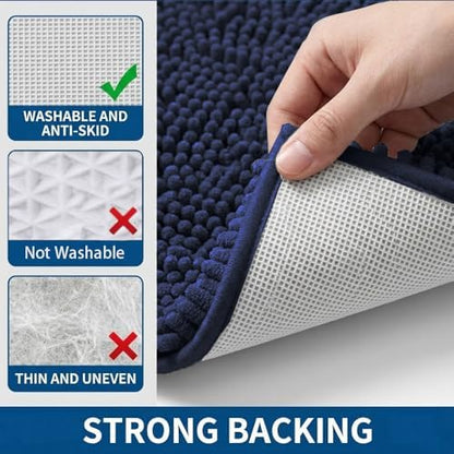 Bathroom Rugs Sets 2 Piece,Super Absorbent Chenille Bath Mats and U-Shaped Toilet Rug,Strong PVC Non Slip Backing,Microfiber Washable Dry Quickly Bath Mats for Bathroom(20"x32"+20"x20"U,Navy Blue)