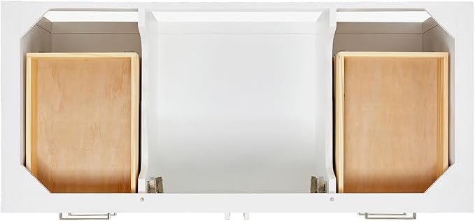 DKB Olivia 48-Inch White Bathroom Vanity with Sink, 1.5-Inch Carrara Quartz Countertop & Backsplash, Rectangular Undermount Sink, 2 Soft-Closing Doors, 6 Dovetail Drawers, Brushed Nickel