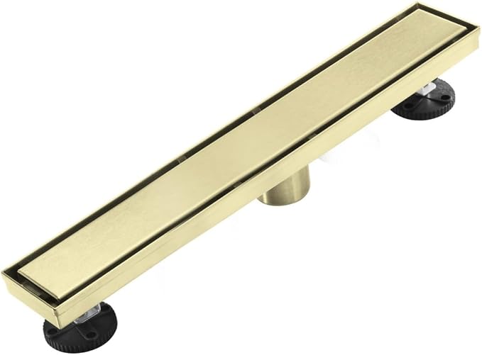 Linear Shower Floor Drain, Brushed Gold 18 Inch 304 Stainless Steel Bathroom Drains Kit, Rectangular Shower Trench Drain with Reversable Tile-in Pattern Drain Cover & Hair Catcher