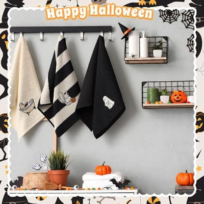 FuWeave 3 Pcs Black Beige Halloween Ghost Hand Towels for Bathroom