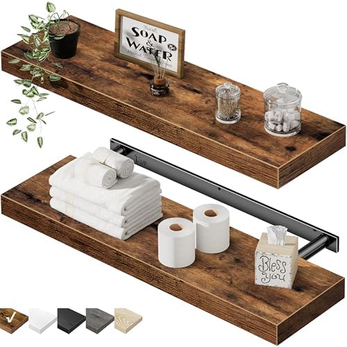 QEEIG Floating Shelves for Wall 23.6" Long - Wall Mounted Shelf Bathroom Kitchen Living Room Bedroom Farmhouse Home Decor Display Bookshelf Set of 2, Rustic Brown (008-60BN)