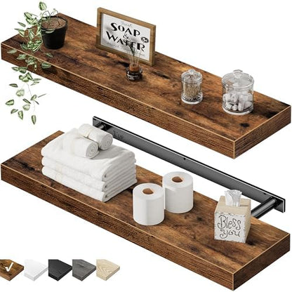 QEEIG Floating Shelves for Wall 23.6" Long - Wall Mounted Shelf Bathroom Kitchen Living Room Bedroom Farmhouse Home Decor Display Bookshelf Set of 2, Rustic Brown (008-60BN)