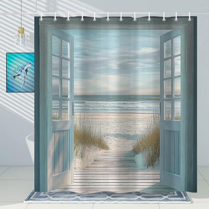 Blue Beach Barn Door Shower Curtain, Rustic Country Ocean Coastal Seaside Scenery Decor Bath Curtains, Retro Teal Wood Waterproof Bathroom Accessories Set, 72 x 72 inch with Hooks