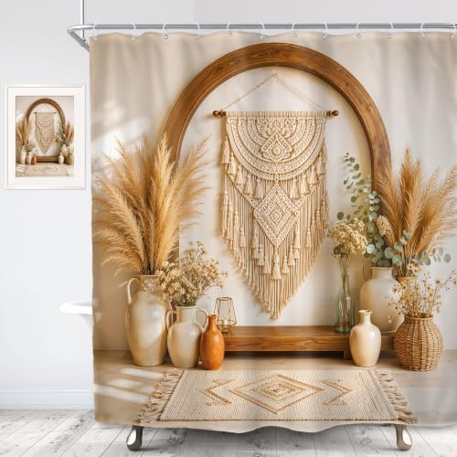 Boho Shower Curtain 72x72 Bohemian Style Pampas Grass Beige Bathroom Decor