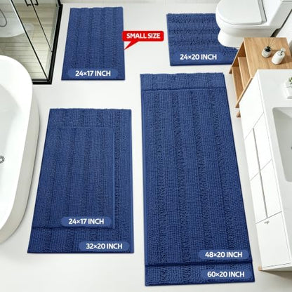 Striped Denim Blue Bathroom Rug Set 3 Pieces Ultra Soft, Non Slip Chenille Bath Carpet, Absorbent Plush Shaggy Bath Mats for Bathroom, Toilet, Bedroom, Kitchen