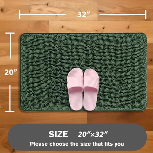 Hunter Green Bathroom Rugs – Absorbent and Washable Bath Mat, Non-Slip, Thick Soft Chenille Bath Rugs for Bathroom Floor, Shower, Sink - 20" x 32"