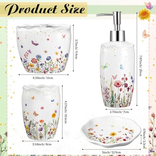 Newtay Ceramic Bathroom Accessories Set of 4, Wildflower Meadow Floral Decor with Butterflies & Gold Speckles, Soap Dispenser Pump, Toothbrush Holder, Tumbler Cup & Soap Dish for Countertop Vanity