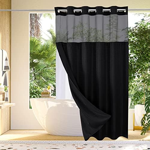 Gibelle No Hook Cloth Black Shower Curtain with Liner, 72x80