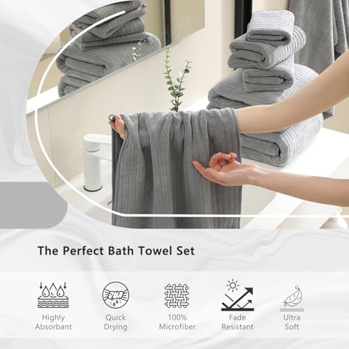 2 Piece Hand Towel Set 16"x31",Ultra Soft Bathroom Towel with Hanging Loops,100% Microfiber Towel Set,Highly Absorbent Quick Dry Hand Towel for Daily Use,Grey Towel for Bathroom,Hotel,Shower,Spa