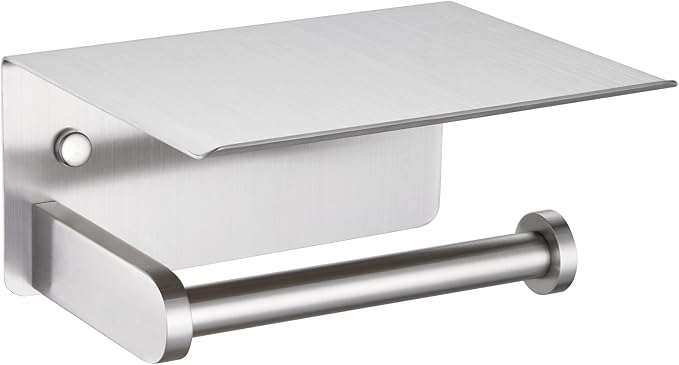 Toiler Paper Holder with Phone Shelf, Brushed Nickel, Wall Mounted | 304 Stainless Steel, Rust-resistant Tissue Holder for Bathroom Restroom Powder Room, Stable Paper Roll & Phone Storage