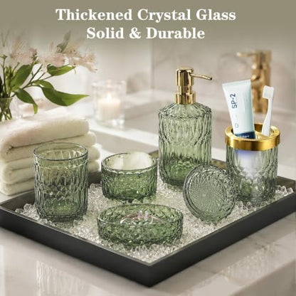 Green Bathroom Accessories Set, 5Pcs Clear Glass Green Accessories with Lotion Soap Dispenser, Soap Dish, Toothbrush Holder, Tumbler, Cotton Swab Jar, Modern Bathroom Decor Crystal Vintage Gift
