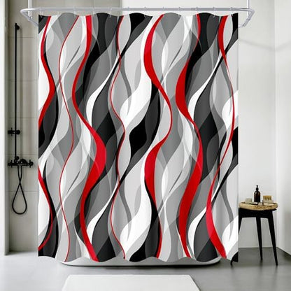 weesire Red and Grey Shower Curtain for Bathroom Red and Black Shower Curtain Fabric Modern Abstract Striped Minimalist Bath Curtains Waterproof Shower Curtains Set, Black Gray Red, 72 x 72 Inch