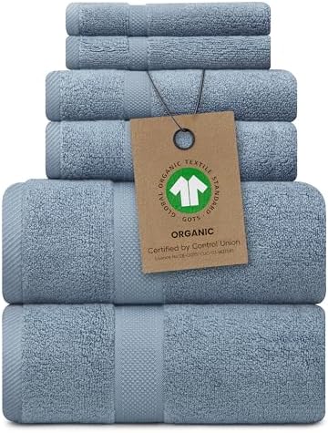 Alusa Home 100% Organic Zero-Twist Cotton Towels - GOTS Certified Luxury Bath Towels - Ultra Soft & Plush 700GSM Long-Staple Cotton - 6 Piece Towel Set (Chambray)