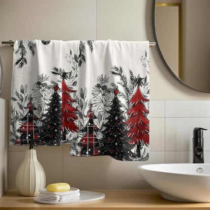 Christmas Tree Hand Towels Set of 2, 28x14 Inch Rustic Red Black Plaid Xmas Pine Forest Bells Absorbent Quick Drying Washcloths Tea Towel for Kitchen Bathroom Household Supplies