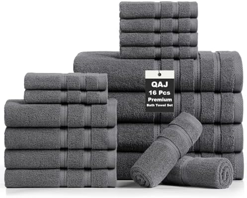 16-Piece Bath Towels Set, 100% Cotton Thick Soft Highly Absorbent Durable, Quick Dry, Bathroom Towels Set (4 Bath Towels, 4 Hand Towels, 8 Washcloths) - Perfect for Daily Use