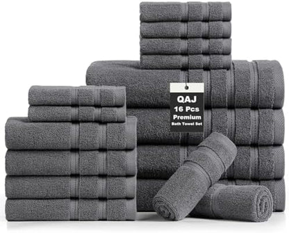 16-Piece Bath Towels Set, 100% Cotton Thick Soft Highly Absorbent Durable, Quick Dry, Bathroom Towels Set (4 Bath Towels, 4 Hand Towels, 8 Washcloths) - Perfect for Daily Use