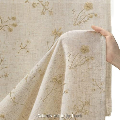 Beige Floral Vintage Linen Shower Curtain Embroidered Textured 72Wx72H