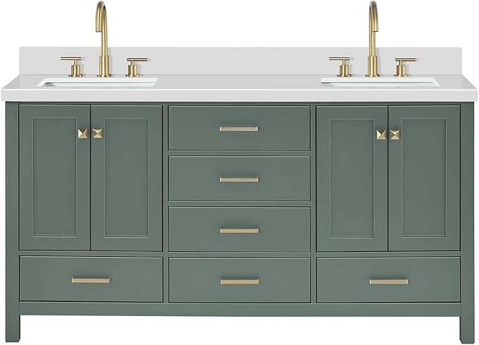 ARIEL Cambridge 67 Inch Double Rectangle Sink Bathroom Vanity with Pure White Quartz Countertop 1.5 Inch in Vintage Green