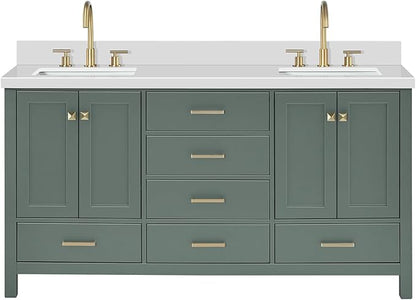 ARIEL Cambridge 67 Inch Double Rectangle Sink Bathroom Vanity with Pure White Quartz Countertop 1.5 Inch in Vintage Green