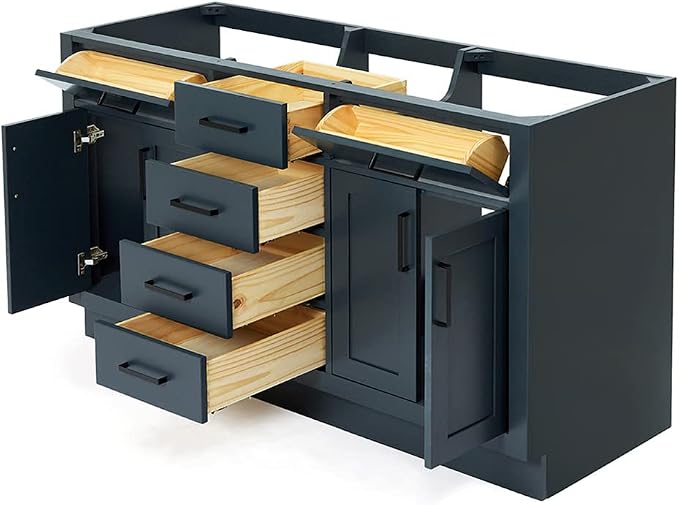 ARIEL Hepburn 60-inch Bathroom Vanity with Sink,Solid Wood, 1.5-inch Carbon Black Quartz Countertop, Double Rectangular Porcelain Sink, Soft Closing Doors, Dovetail Drawers, Midnight Blue