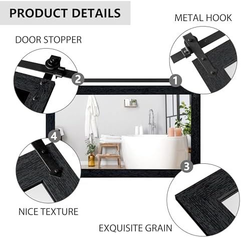 Farmhouse Mirror 42”x28” Black Rustic Mirror for Wall Vanity Mirrors Barn Door Style Decor Bathroom Living Room Entryway Bedroom Mirrors