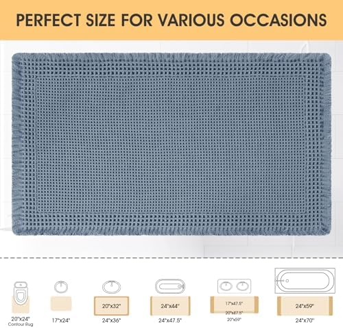 IM HOME Upgrade Waffle Bath Mat, Boho Bathroom Rugs Absorbent Non Slip, Ultra Soft Bathroom Mat, Machine Washable Knit Bath Rugs with Border for Bathroom, Bedroom, Kitchen, Shower, Tub, 32"x20", Blue