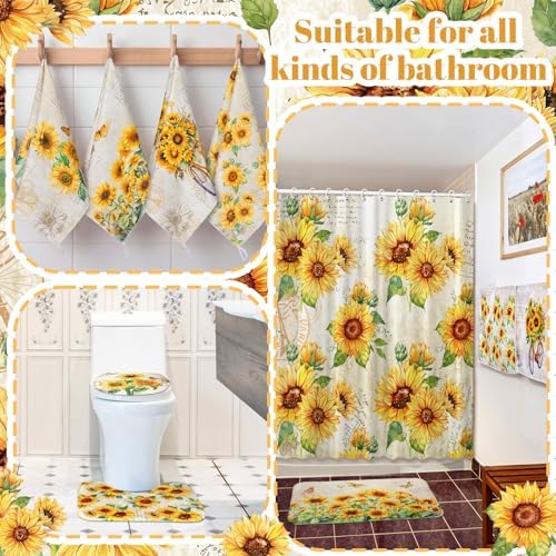 Honoson 8 Pcs Sunflower Shower Curtain Bathroom Set with Rugs, Vintage Floral Bath Decor with Rustic Script Background, Bath Mat Toilet Lid Cover U-Shaped Mat for Farmhouse Housewarming Gifts Decor