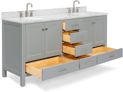 ARIEL Cambridge 72-inch Bathroom Vanity with Sink,Solid Wood, 0.75-inch Italian Carrara Marble Countertop & Backsplash, Double Oval Porcelain Sink, 4 Soft Closing Doors, 6 Dovetail Drawers, Grey