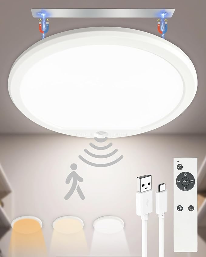 Rechargeable Motion Sensor Ceiling Lights for Hallway, Bathroom (Round) | Magnetic Mount Dimmable Closet Light with Remote, 7000mAh Battery Operated, 3 Color Modes, Wireless Installation