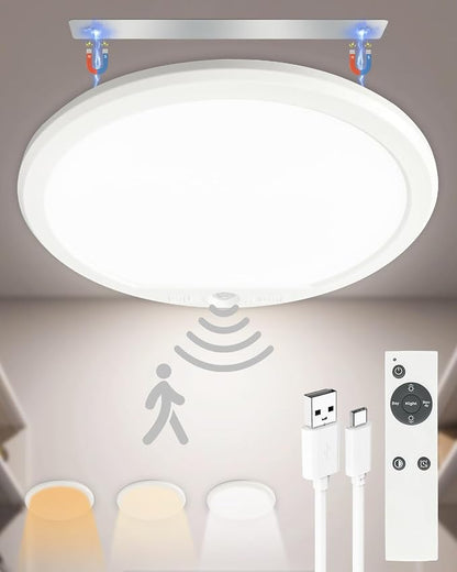 Rechargeable Motion Sensor Ceiling Lights for Hallway, Bathroom (Round) | Magnetic Mount Dimmable Closet Light with Remote, 7000mAh Battery Operated, 3 Color Modes, Wireless Installation