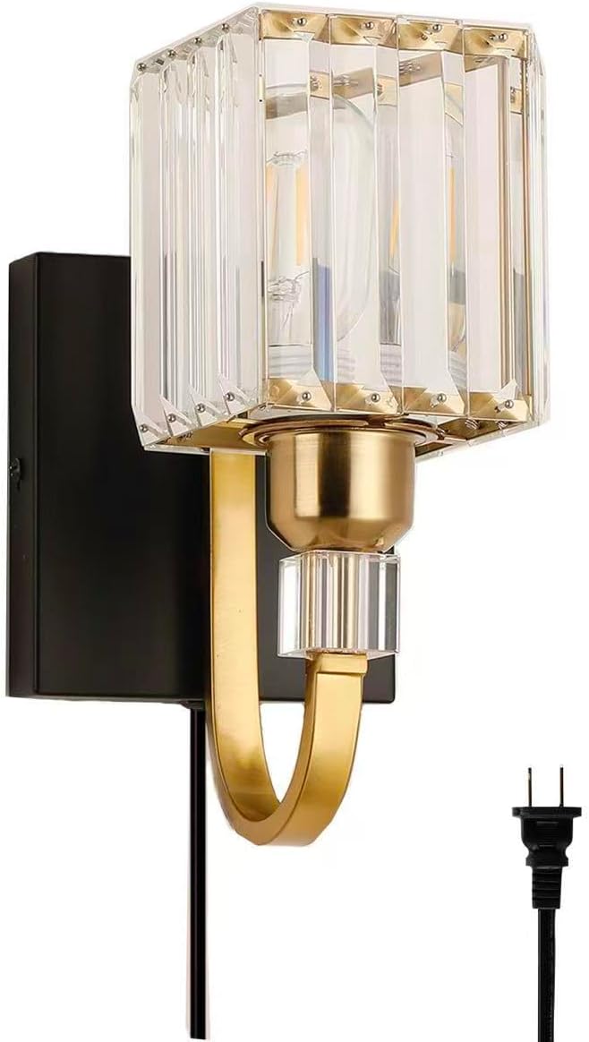Modern Crystal Wall Sconce with Plug，Black Gold Wall Mounted Light Fixture, Plug-in Vanity Light with On/Off Switch for Bathroom Mirror, Makeup Area, Bedroom Decor