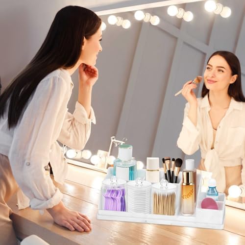 Bathroom Counter Organizer, Large White Silicone Toothbrush Holders for Bathrooms with 3PCS Qtip Holder, Bathroom Organizer Countertop Toothbrush and Toothpaste Holder for Makeup Organizer for Vanity