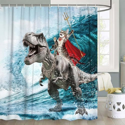 Funny Cat Shower Curtain, Cool Cat Dinosaur Japanese Ocean Wave Shower Curtain, Cat Riding Dinosaur Fun Shower Curtain Nautical Kids Children Rustic Wooden Farmhouse Shower Curtain, 60X70inch, Blue