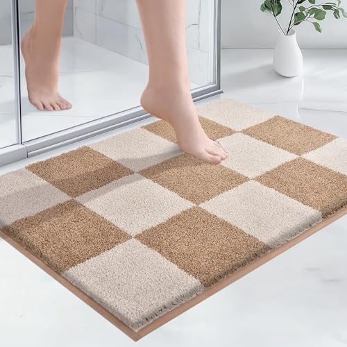 PURRUGS Bathroom Rug Non-Slip Machine Washable 24" x 36", Super Absorbent and Quick-Dry Bath Mat, Extra Soft and Plush Bath Rug for Shower, Bathtub and Sink, Beige & Grayish Brown
