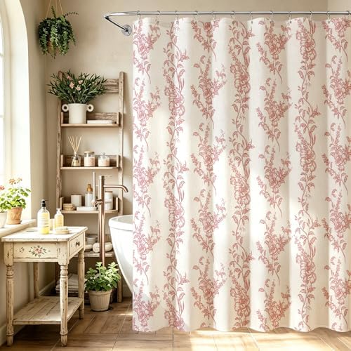 Red Linen Farmhouse Shower Curtain, Boho Floral Bathroom 72x72