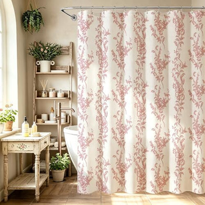 Red Linen Farmhouse Shower Curtain, Boho Floral Bathroom 72x84