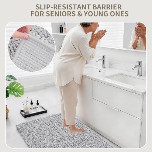 Bathroom Rugs Non Slip Washable 32x20, Extra Thick Soft Chenille Absorbent Bath Mat, High Density Barrier Non Slip Backing, Quick Dry Plush Shaggy Floor Carpet for Tub&Shower, Silver