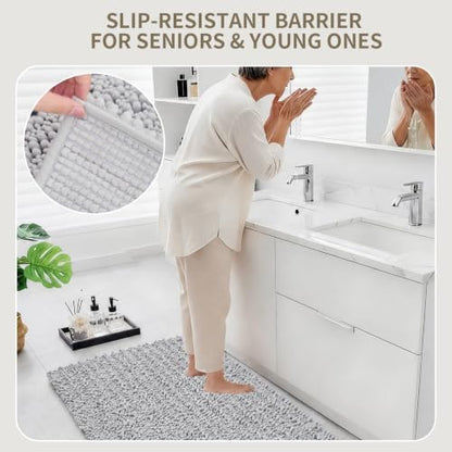 Bathroom Rugs Non Slip Washable, Extra Thick Soft Chenille Absorbent Bath Mat, High Density Barrier Non Slip Backing, Quick Dry Plush Shaggy Floor Carpet for Tub&Shower 24x17, Silver
