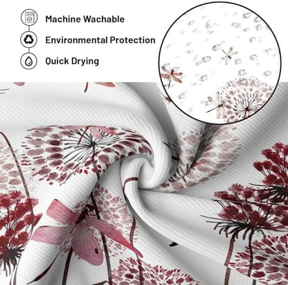 Burgundy & White Shower Curtain Spring Dandelion Dragonfly Deep Red and White Watercolor Shower Curtains for Bathroom Decor, Waterproof Cloth Fabric with Hooks 70" Wx72 L